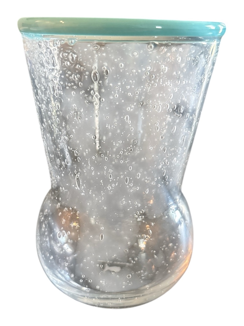 Paula Navone Handblown Clear Bubble Glass Vase with Aqua Rim
